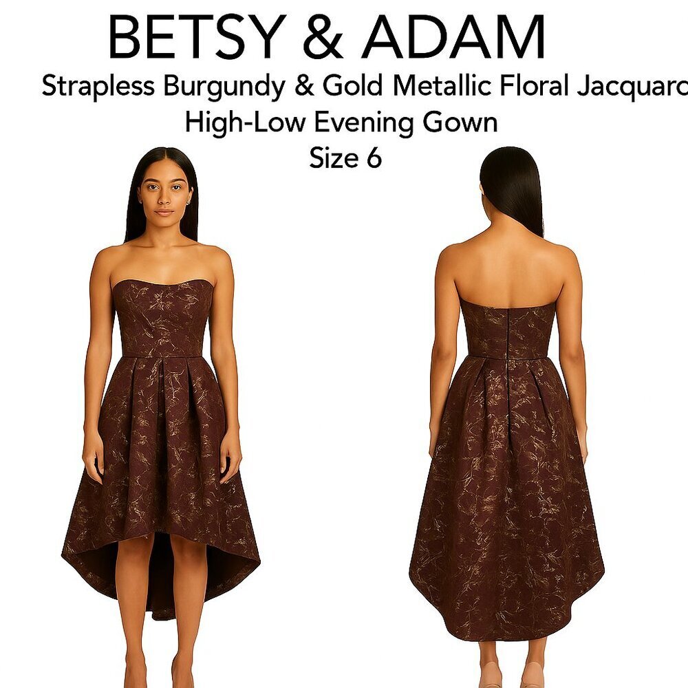 Betsy & Adam Strapless Burgundy Gold Floral Jacquard High-Low Gown Size 6